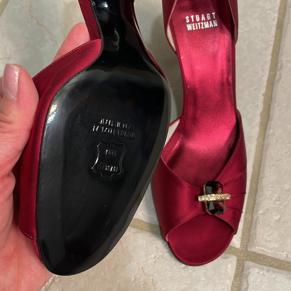 Stuart Weitzman Ruby Red Satin Heels - image 4